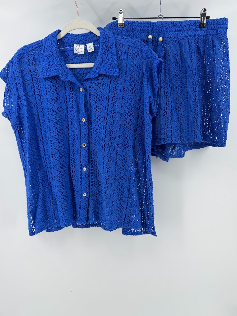 GOA by Japna Crocheted Swim Coverup Blue Shirt & Shorts Matching Set, Women's XL